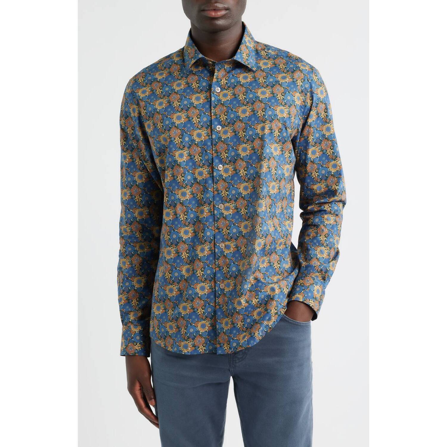 New Scott Barber Canclini Regular Fit Floral Cotton Button-Up Shirt In Blue